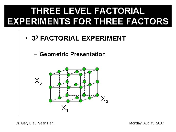 THREE LEVEL FACTORIAL EXPERIMENTS FOR THREE FACTORS • 33 FACTORIAL EXPERIMENT – Geometric Presentation