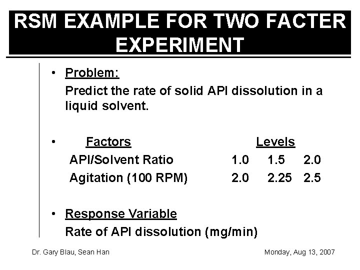 RSM EXAMPLE FOR TWO FACTER EXPERIMENT • Problem: Predict the rate of solid API