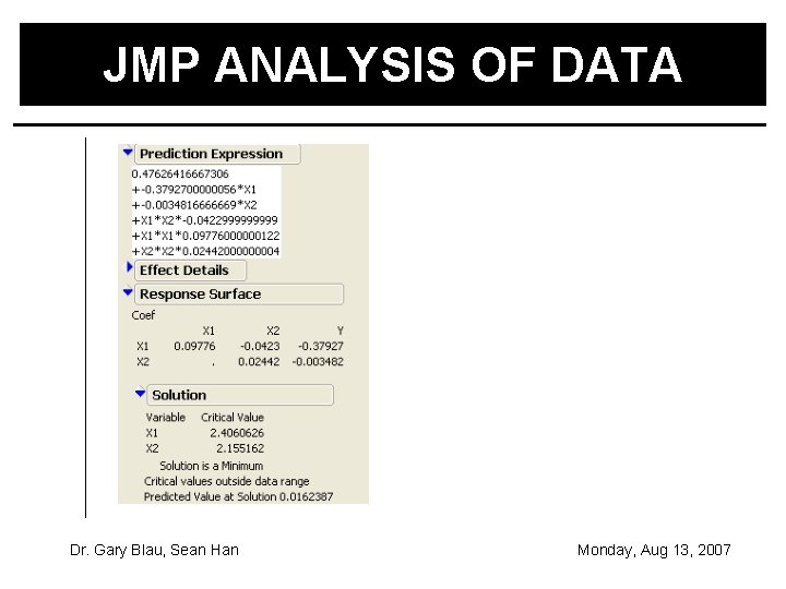 JMP ANALYSIS OF DATA Dr. Gary Blau, Sean Han Monday, Aug 13, 2007 