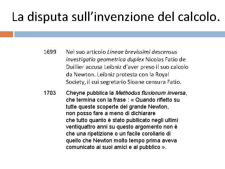 La disputa sull’invenzione del calcolo. 1699 Nel suo articolo Lineae brevissimi descensus investigatio geometrica