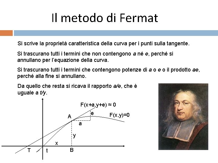 Il metodo di Fermat Si scrive la proprietà caratteristica della curva per i punti