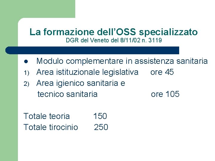 La formazione dell’OSS specializzato DGR del Veneto del 8/11/02 n. 3119 Modulo complementare in