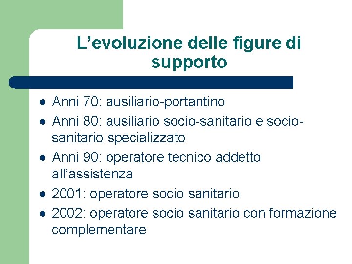 L’evoluzione delle figure di supporto l l l Anni 70: ausiliario-portantino Anni 80: ausiliario