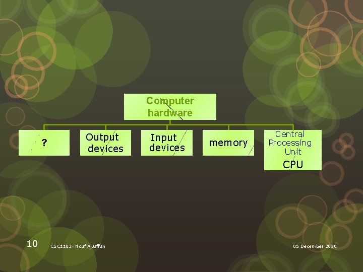 Computer hardware ? Output devices Input devices memory Central Processing Unit CPU 10 CSC