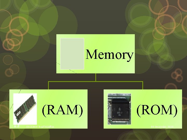 Memory (RAM) 13 CSC 1103 - Nouf Al. Jaffan (ROM) 05 December 2020 