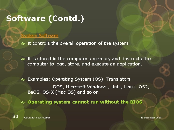 Software (Contd. ) System Software It controls the overall operation of the system. It