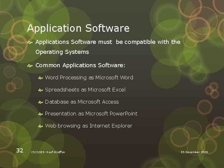 Application Software Applications Software must be compatible with the Operating Systems Common Applications Software: