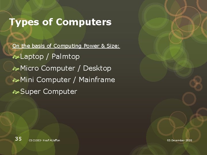 Types of Computers On the basis of Computing Power & Size: Laptop / Palmtop