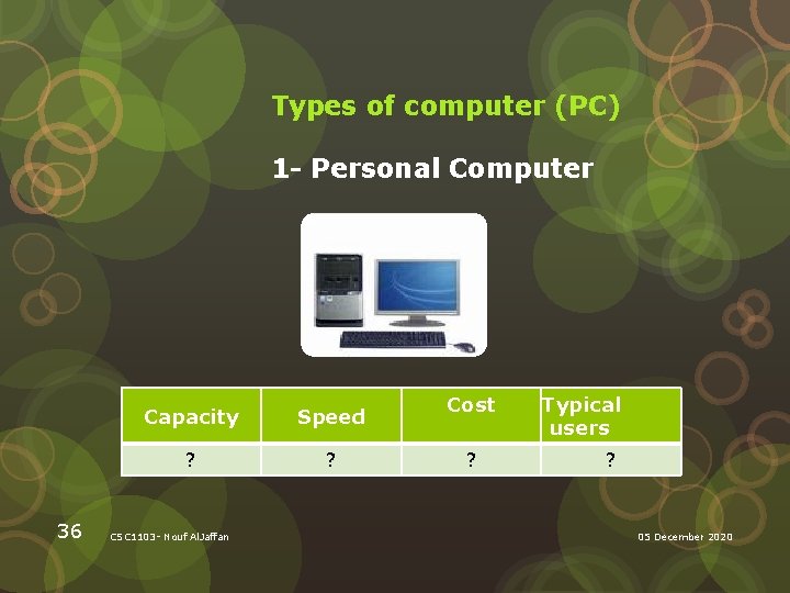 Types of computer (PC) 1 - Personal Computer 36 Capacity Speed ? ? CSC