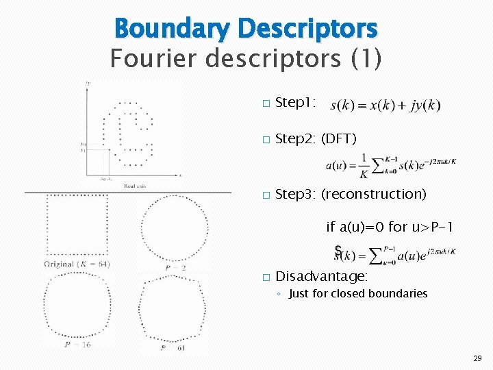 Boundary Descriptors Fourier descriptors (1) � Step 1: � Step 2: (DFT) � Step