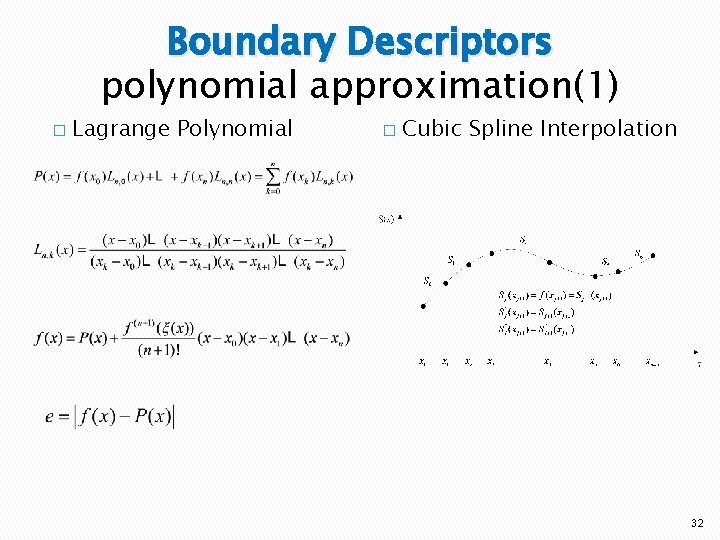 Boundary Descriptors polynomial approximation(1) � Lagrange Polynomial � Cubic Spline Interpolation 32 