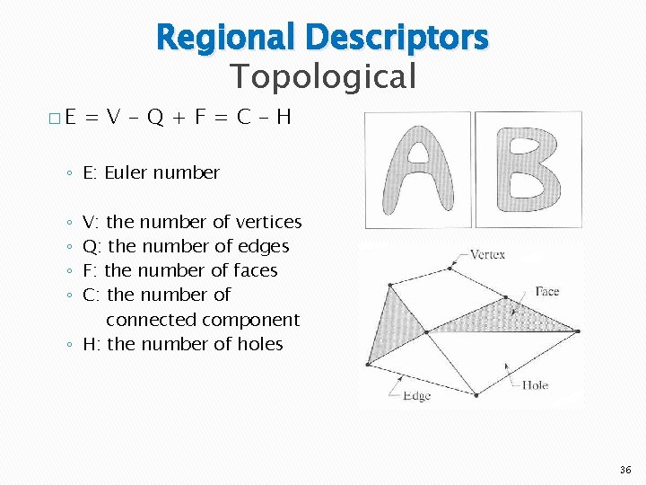 �E Regional Descriptors Topological =V-Q+F=C–H ◦ E: Euler number V: the number of vertices