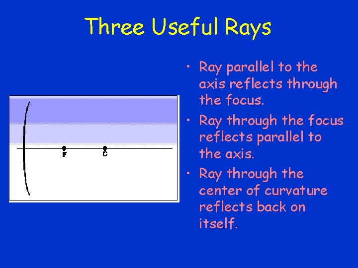 Three Useful Rays • Ray parallel to the axis reflects through the focus. •