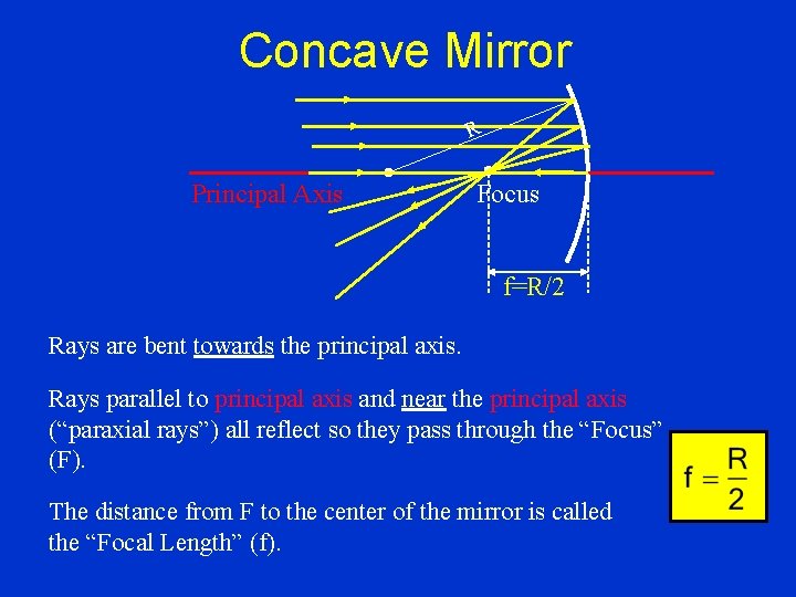 Concave Mirror R Principal Axis Focus f=R/2 Rays are bent towards the principal axis.