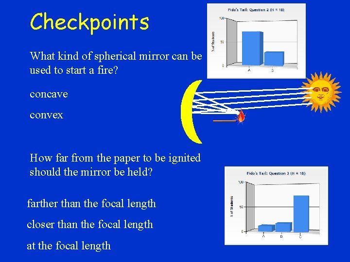 Checkpoints What kind of spherical mirror can be used to start a fire? concave
