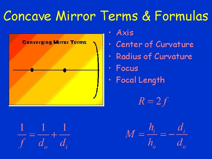 Concave Mirror Terms & Formulas • • • Axis Center of Curvature Radius of