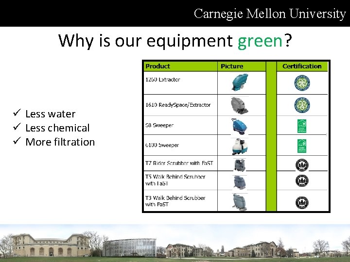 Carnegie Mellon University Why is our equipment green? ü Less water ü Less chemical