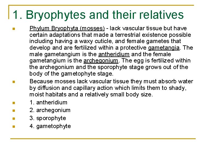 1. Bryophytes and their relatives n n n Phylum Bryophyta (mosses) - lack vascular