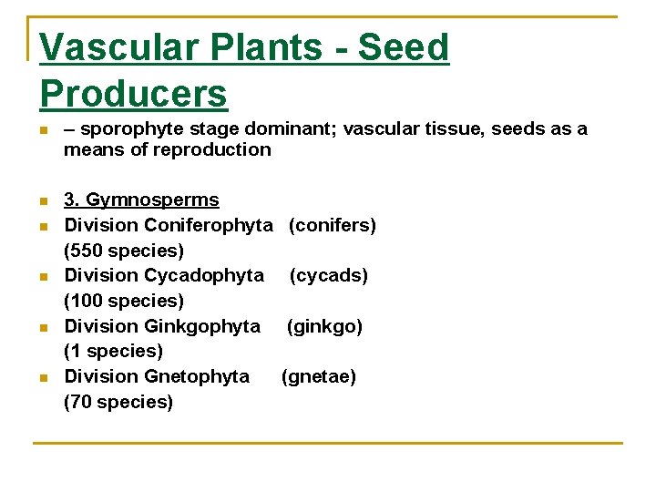 Vascular Plants - Seed Producers n – sporophyte stage dominant; vascular tissue, seeds as