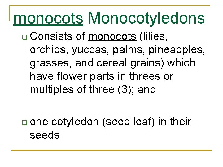 monocots Monocotyledons q q Consists of monocots (lilies, orchids, yuccas, palms, pineapples, grasses, and