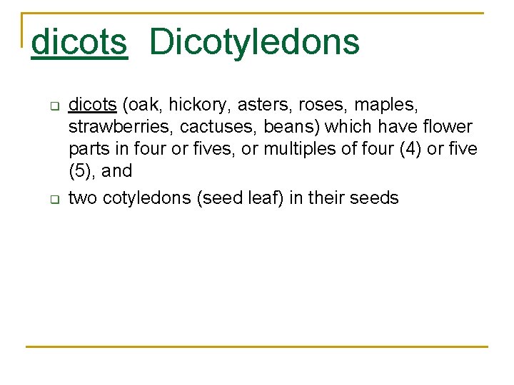 dicots Dicotyledons q q dicots (oak, hickory, asters, roses, maples, strawberries, cactuses, beans) which