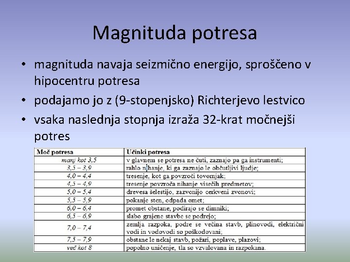 Magnituda potresa • magnituda navaja seizmično energijo, sproščeno v hipocentru potresa • podajamo jo