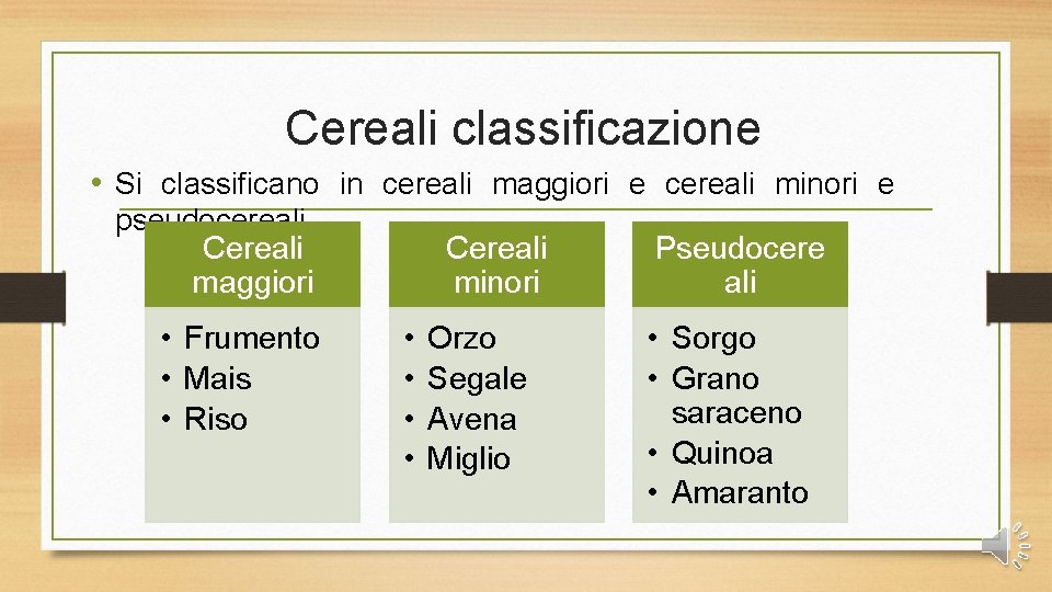 Cereali classificazione • Si classificano in cereali maggiori e cereali minori e pseudocereali Cereali