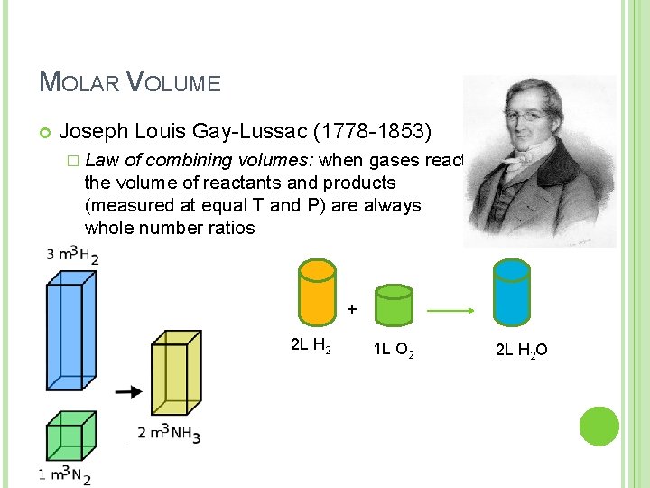 MOLAR VOLUME Joseph Louis Gay-Lussac (1778 -1853) � Law of combining volumes: when gases