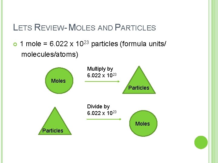 LETS REVIEW- MOLES AND PARTICLES 1 mole = 6. 022 x 1023 particles (formula