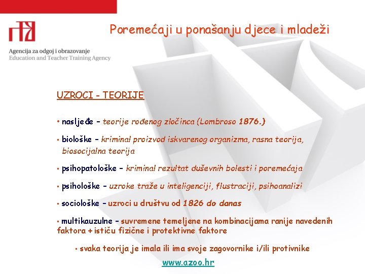 Poremećaji u ponašanju djece i mladeži UZROCI - TEORIJE • nasljeđe – teorije rođenog