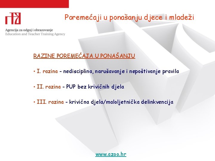 Poremećaji u ponašanju djece i mladeži RAZINE POREMEĆAJA U PONAŠANJU • I. razina -