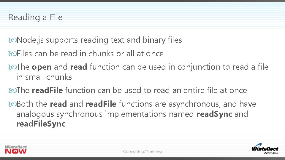 Reading a File Node. js supports reading text and binary files Files can be