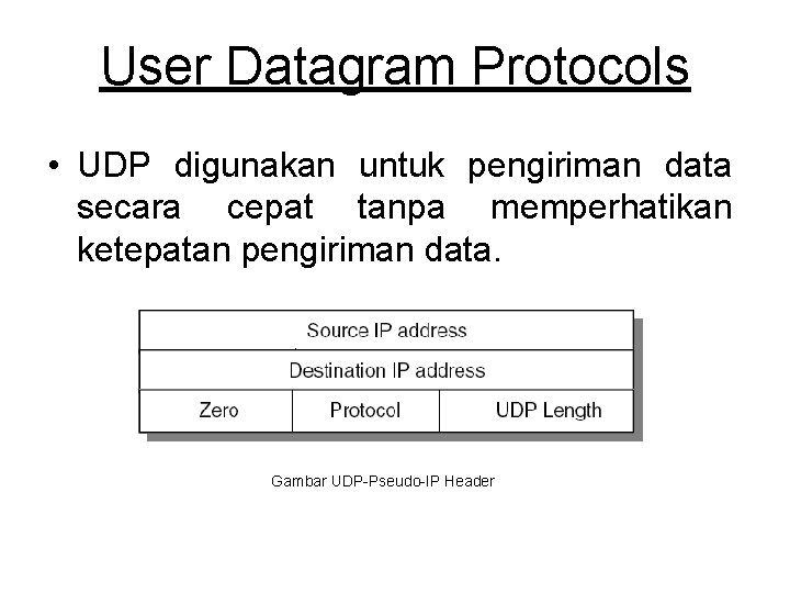 User Datagram Protocols • UDP digunakan untuk pengiriman data secara cepat tanpa memperhatikan ketepatan