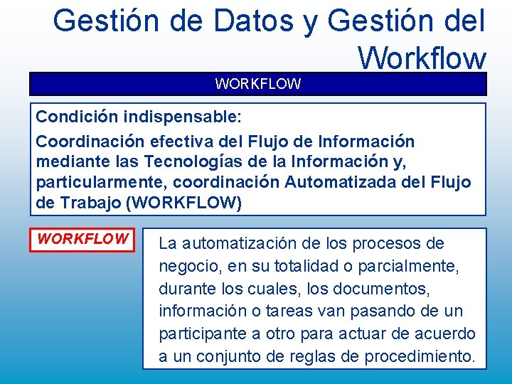 Gestión de Datos y Gestión del Workflow WORKFLOW Condición indispensable: Coordinación efectiva del Flujo Gestión de Datos y Gestión del Workflow WORKFLOW Condición indispensable: Coordinación efectiva del Flujo