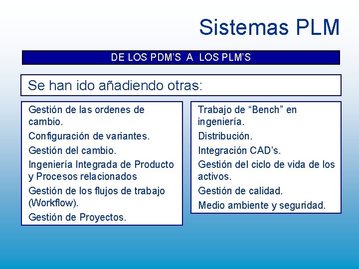 Sistemas PLM DE LOS PDM’S A LOS PLM’S Se han ido añadiendo otras: Gestión Sistemas PLM DE LOS PDM’S A LOS PLM’S Se han ido añadiendo otras: Gestión