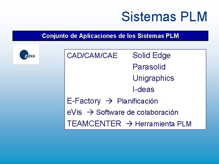 Sistemas PLM Conjunto de Aplicaciones de los Sistemas PLM CAD/CAM/CAE Solid Edge Parasolid Unigraphics Sistemas PLM Conjunto de Aplicaciones de los Sistemas PLM CAD/CAM/CAE Solid Edge Parasolid Unigraphics