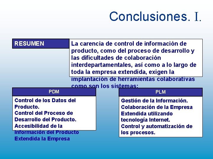 Conclusiones. I. RESUMEN PDM La carencia de control de información de producto, como del Conclusiones. I. RESUMEN PDM La carencia de control de información de producto, como del
