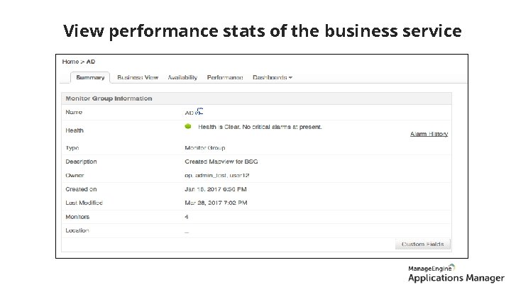 View performance stats of the business service 