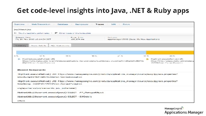 Transaction profiling Get code-level insights into Java, . NET & Ruby apps 