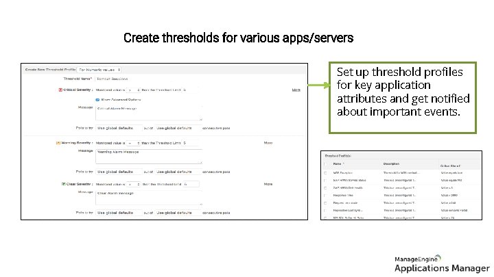 Create thresholds for various apps/servers Set up thresholdprofiles Set up for application for key