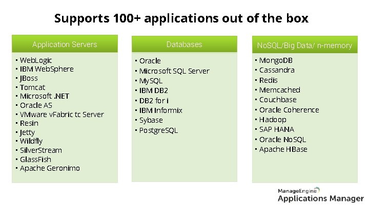 Supports 100+ applications out of the box Application Servers • Web. Logic • IBM