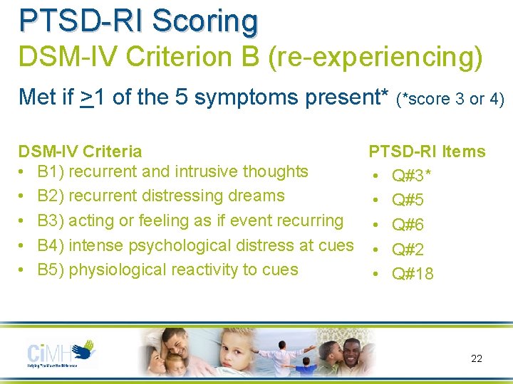 PTSD-RI Scoring DSM-IV Criterion B (re-experiencing) Met if >1 of the 5 symptoms present*