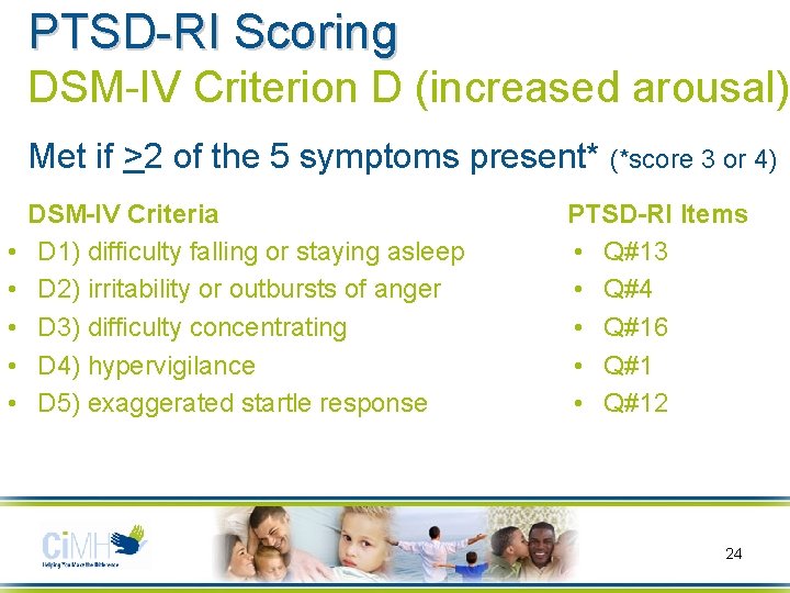 PTSD-RI Scoring DSM-IV Criterion D (increased arousal) Met if >2 of the 5 symptoms