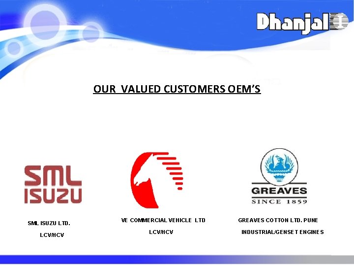 OUR VALUED CUSTOMERS OEM’S SML ISUZU LTD. LCV/HCV VE COMMERCIAL VEHICLE LTD LCV/HCV GREAVES