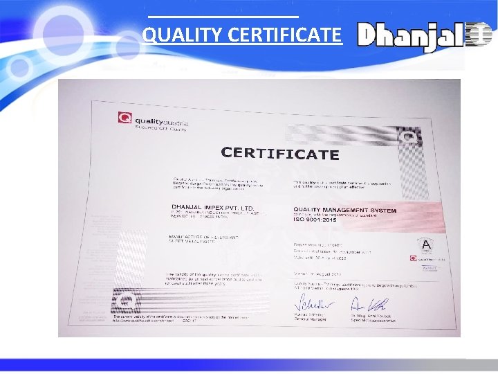 QUALITY CERTIFICATE QUALITY CERTIFICATE