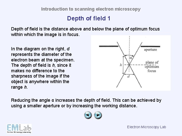 Introduction to scanning electron microscopy Depth of field 1 Depth of field is the