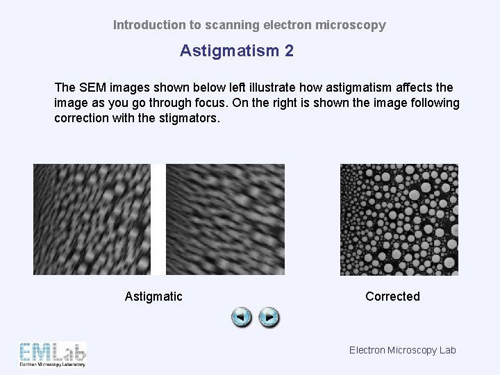 Introduction to scanning electron microscopy Astigmatism 2 The SEM images shown below left illustrate