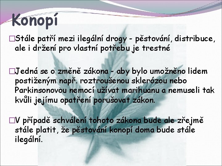 Konopí �Stále patří mezi ilegální drogy - pěstování, distribuce, ale i držení pro vlastní