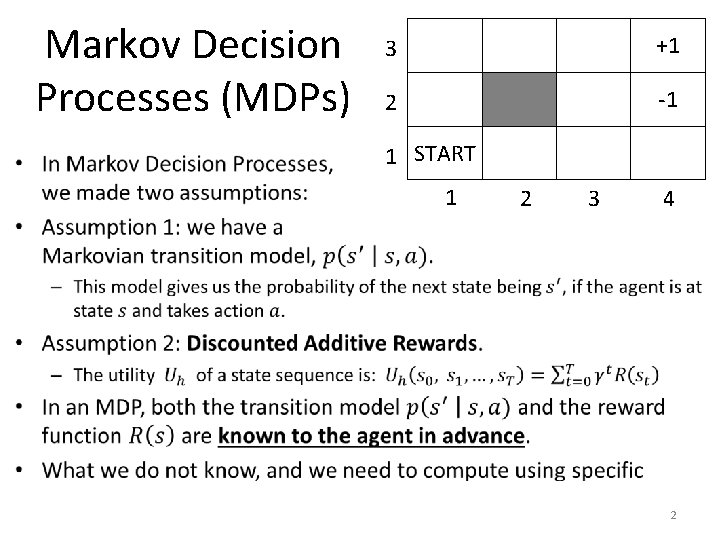 Markov Decision Processes (MDPs) 3 +1 2 -1 1 START 1 2 3 4