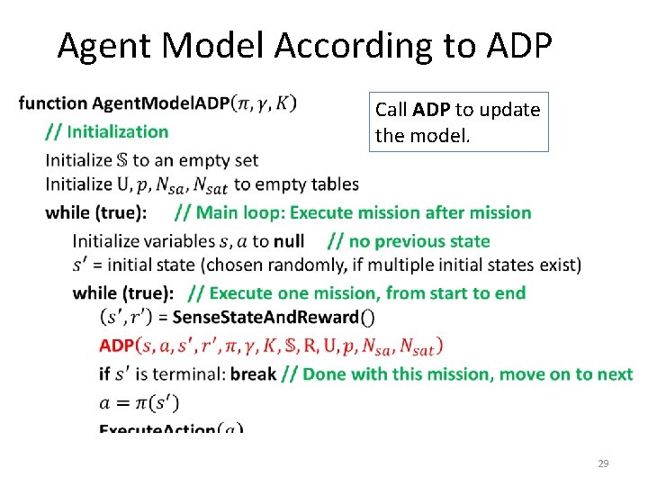 Agent Model According to ADP • Call ADP to update the model. 29 